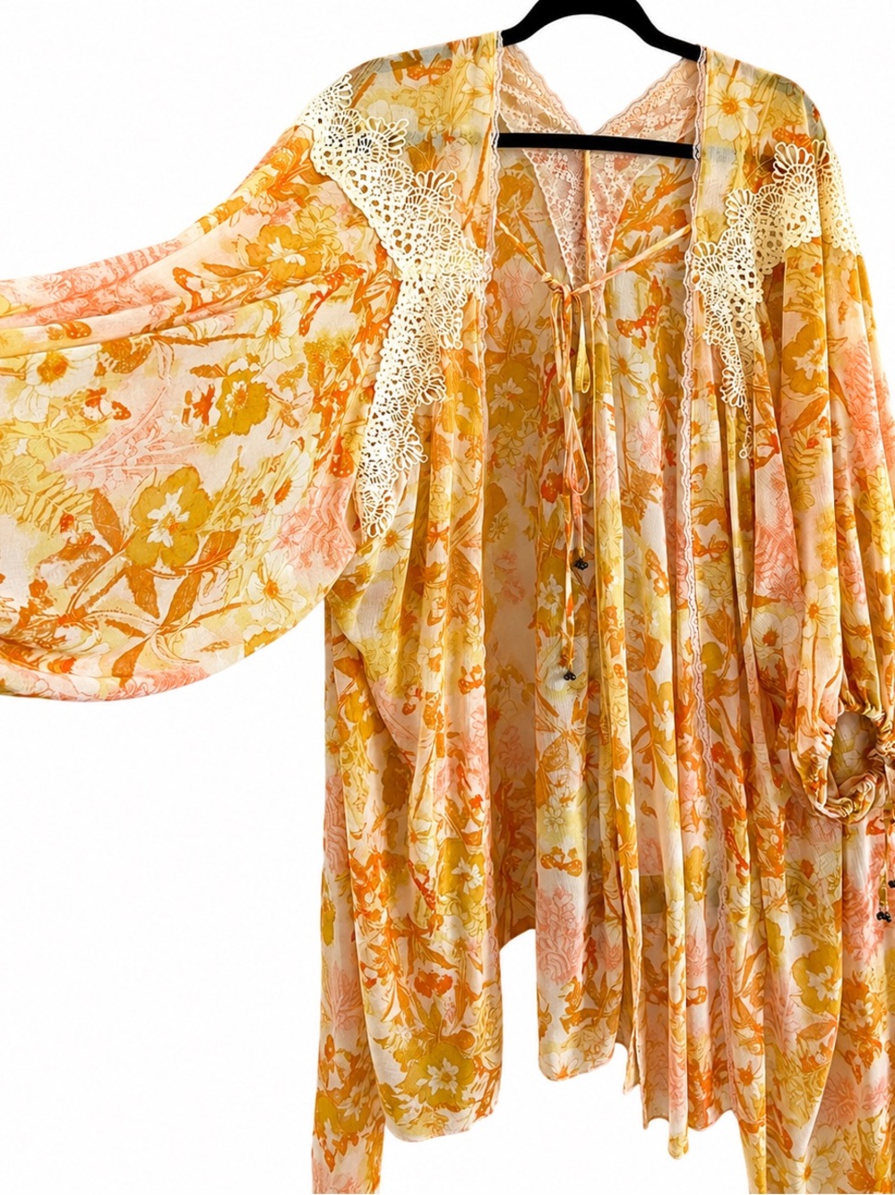 Free People Boho Yellow Orange Floralโ Lace Kimono Duster High Low Lost in Love
